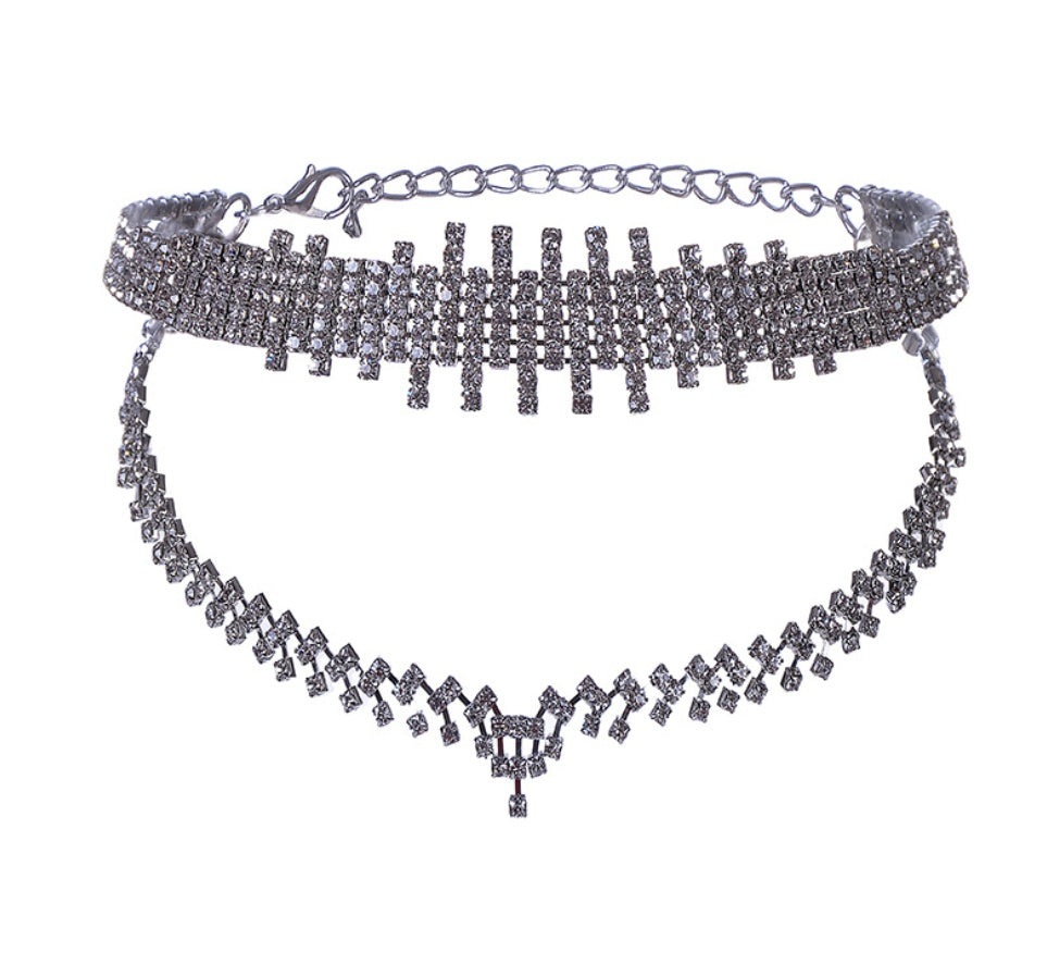 Rhinestone irregular double choker necklace