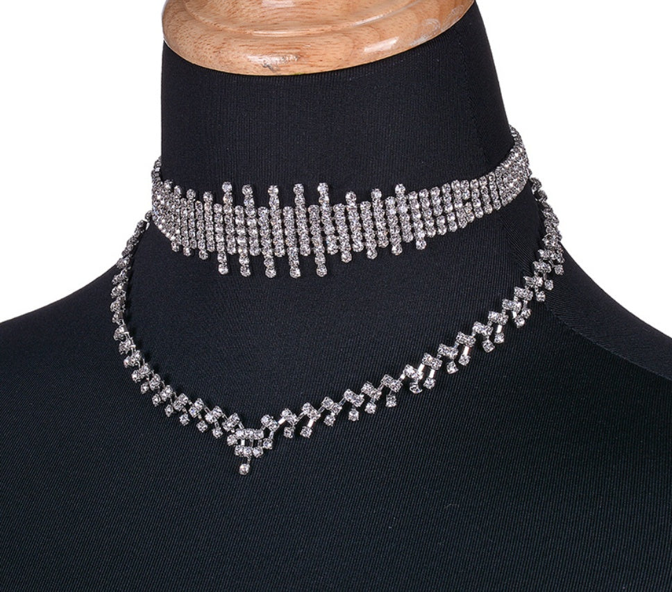 Rhinestone irregular double choker necklace