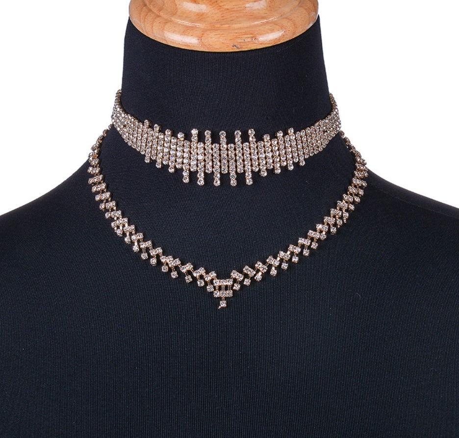 Rhinestone irregular double choker necklace